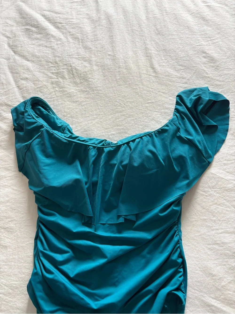 La Blanca Off The Shoulder Ruffle One Piece Swimsuit Teal Ruched Corset Back 8 - Picture 3 of 8
